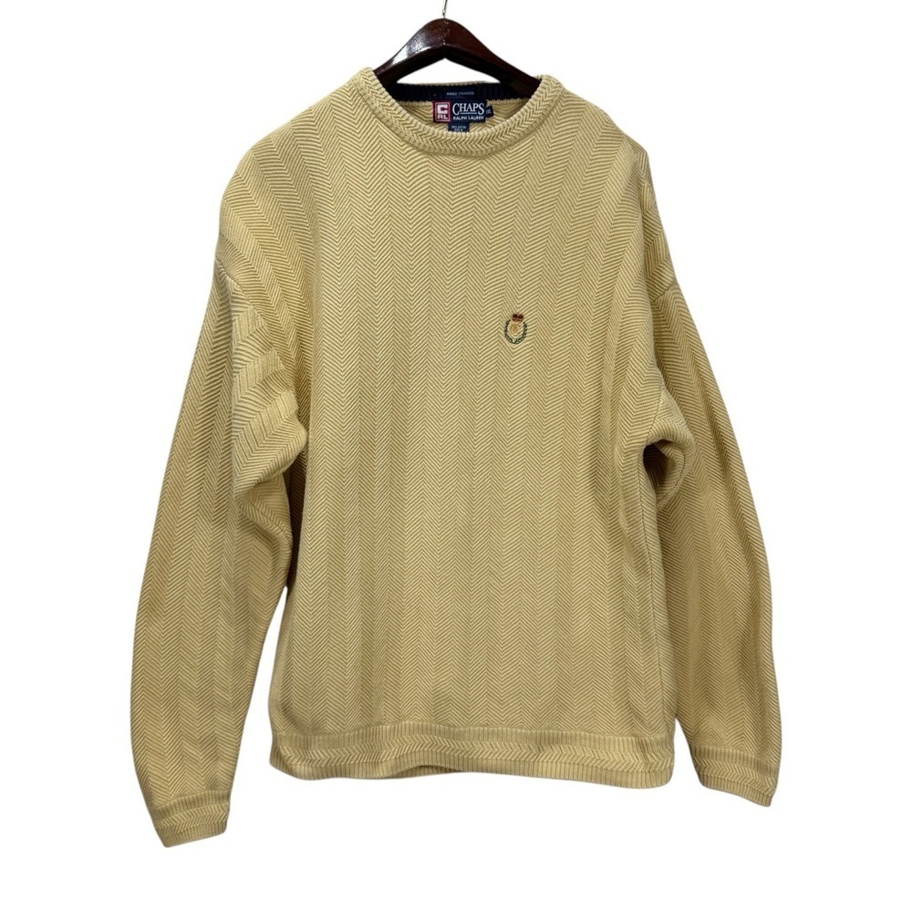 Vintage Chaps Ralph Lauren XXL Cotton Sweater Beige Tan Herringbone knit Crest